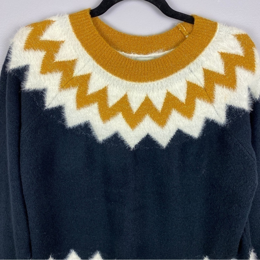 Silverflint Fairisle Soft Cozy Crew Neck Knit Sweater Medium Navy Mustard Yellow - Picture 4 of 12